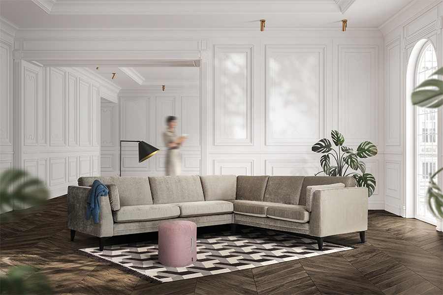 Avignon hjørnesofa 3- & 2-seter. I tekstil Eros Stone med sorte ben.