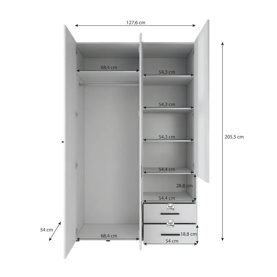 Meubella - Kledingkast Laura - Wit - 128 cm - Met spiegel