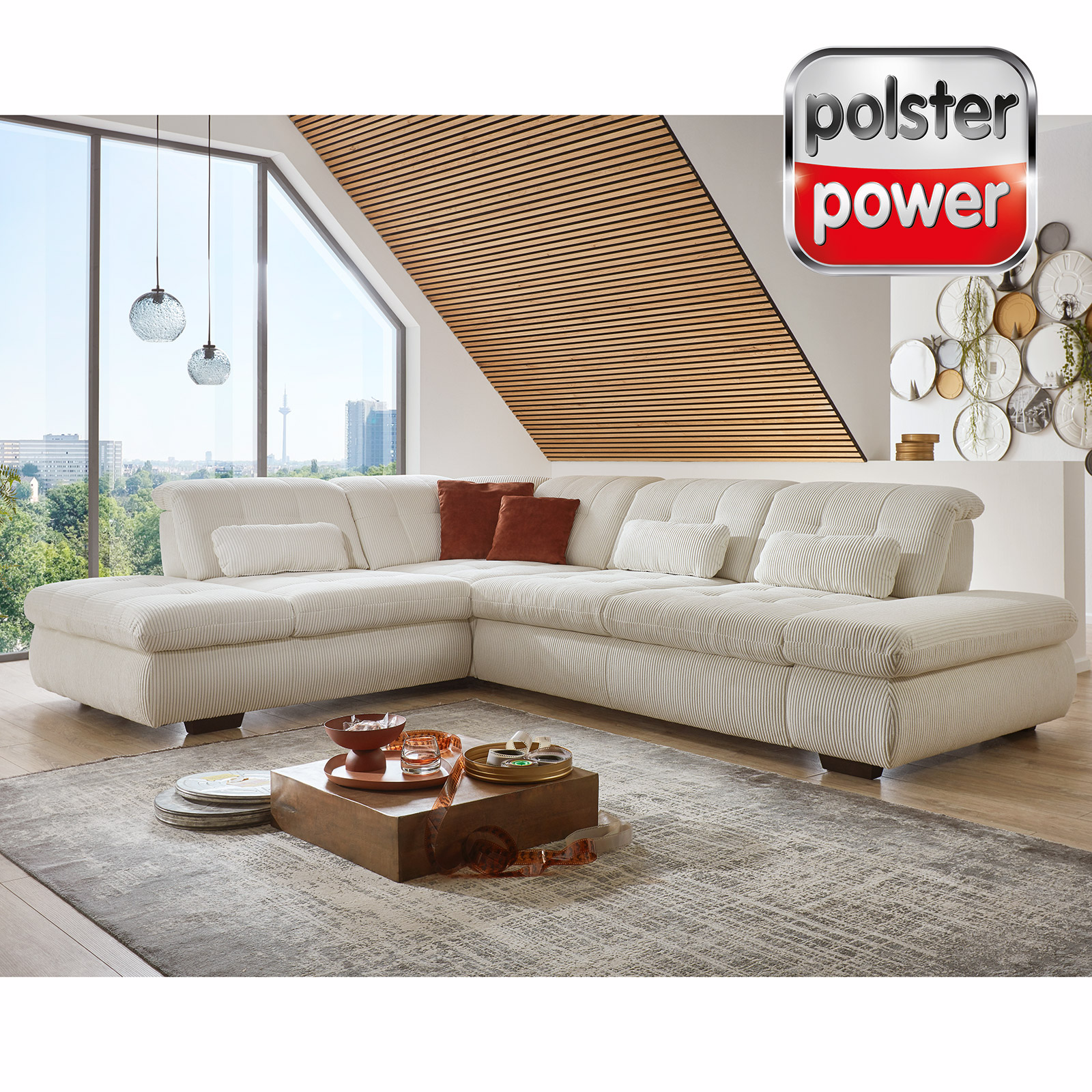 polsterpower Ecksofa - Cord natur - Basismodell - Anstellhocker links