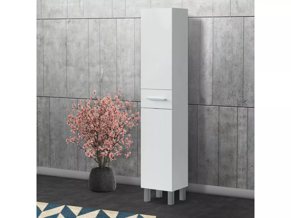 Colonne de salle de bain Dokerek, Élément mural de salle de bain avec 2 portes et 1 tiroir, Armoire haute, 35x31h182 cm, Blanc brillant
