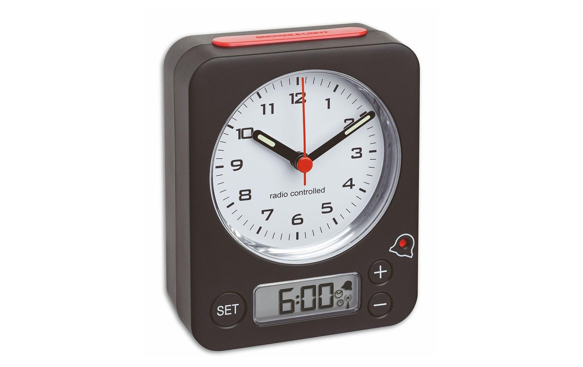 Funkwecker Combo Rot/SchwarzAnaloger Funk-Wecker mit digitaler Alarmeinstellung