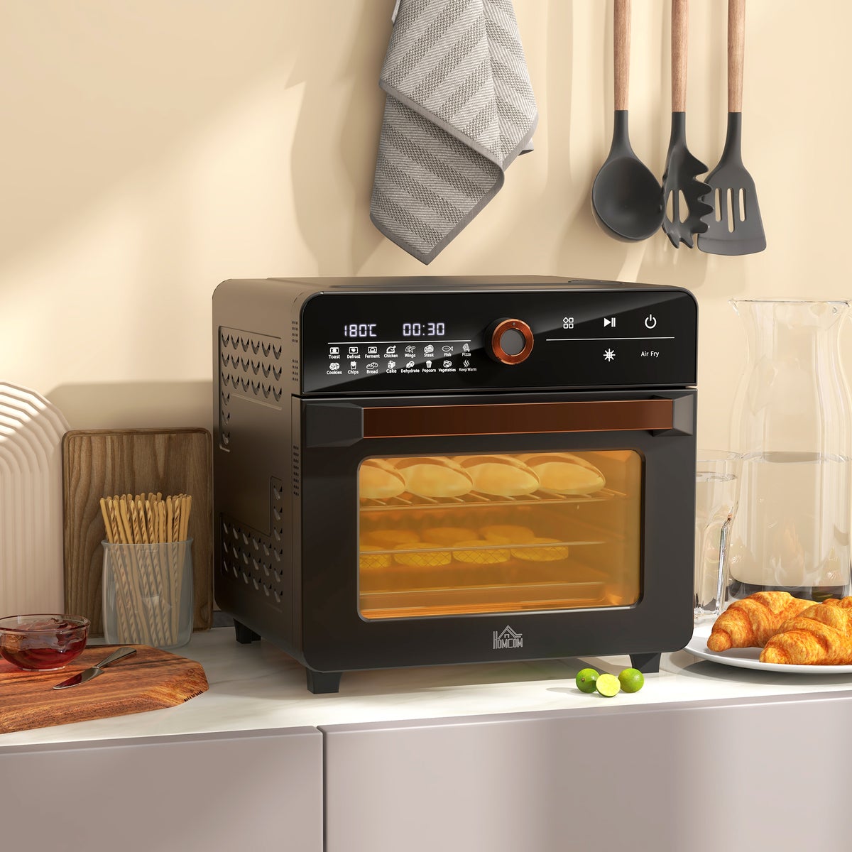 HOMCOM Mini-oven met hetelucht, 20L, 3-in-1 met grillrooster, 40°C-220°C, met frituurmand, timer, binnenverlichting, 1400W, 36L x 37B x 34,5H cm, roestvrij staal, zwart