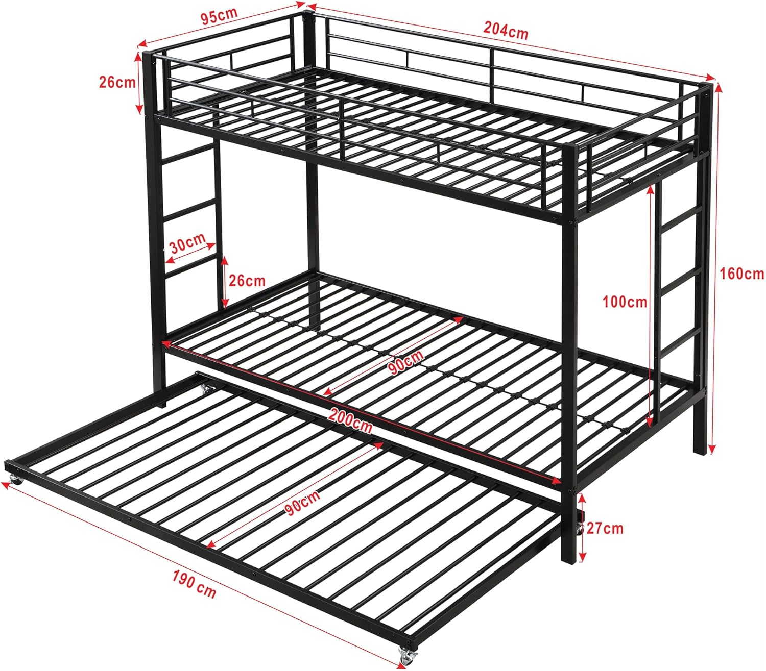 Dreier Hochbett Etagenbett 90x200cm mit Ausziehbett und Leiter, Kinderbett für 3 Kinder mit hohe Geländer, Familienbett Eisenrahmenbett, ohne Matratze (Schwarz)
