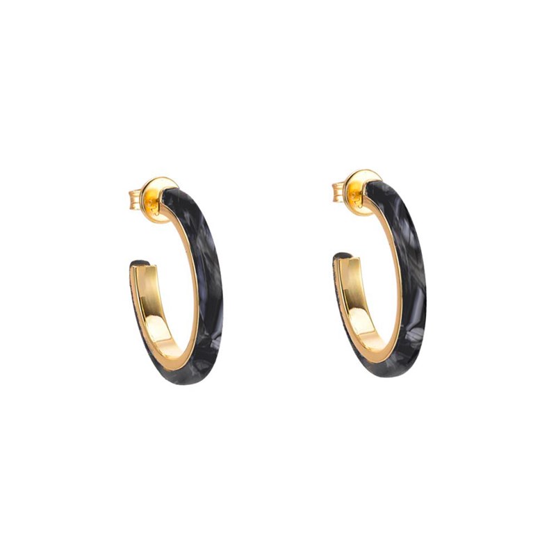 Boucles D'oreilles Créoles Petit Modèle En Argent Doré Et Acétate Noire