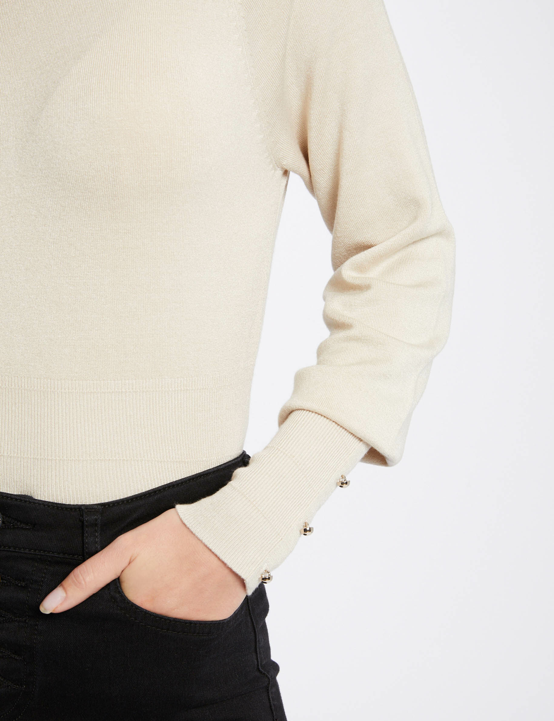 Pull manches longues à col rond beige moyen femme - beige_moyen