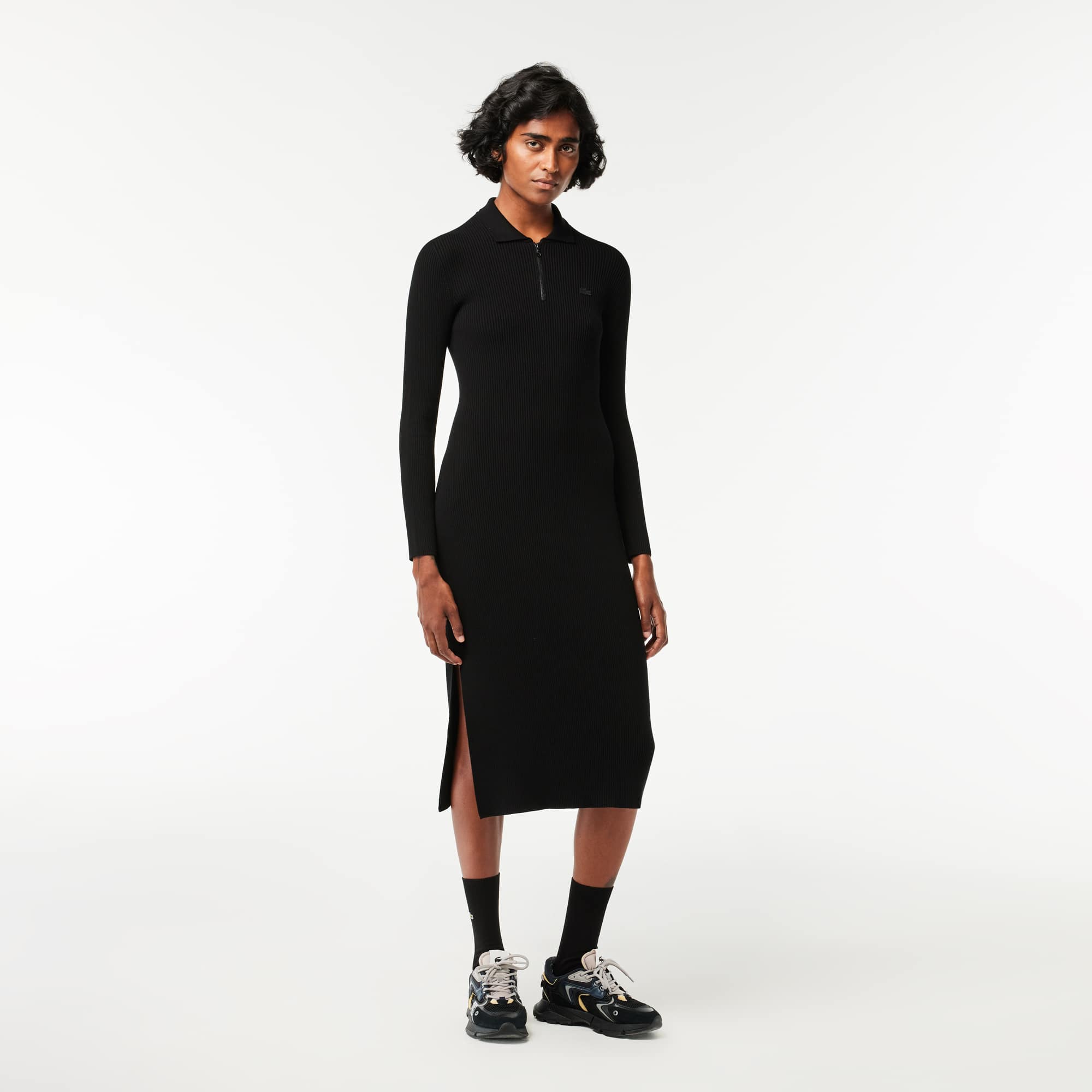 Robe longue col polo en maille côtelée sans couture Robes & Jupes - Noir - Lacoste - Femme