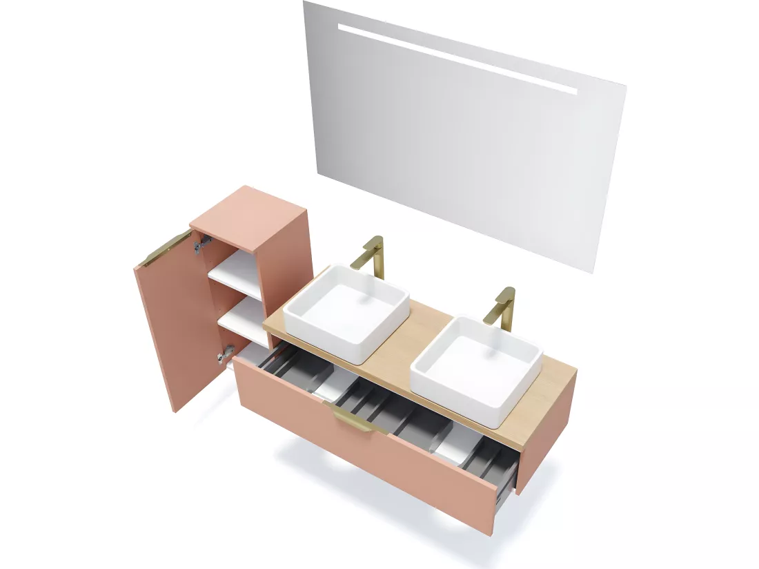 Meuble de salle de bain suspendu 2 vasques à poser 120cm 1 tiroir Abricot - Venice