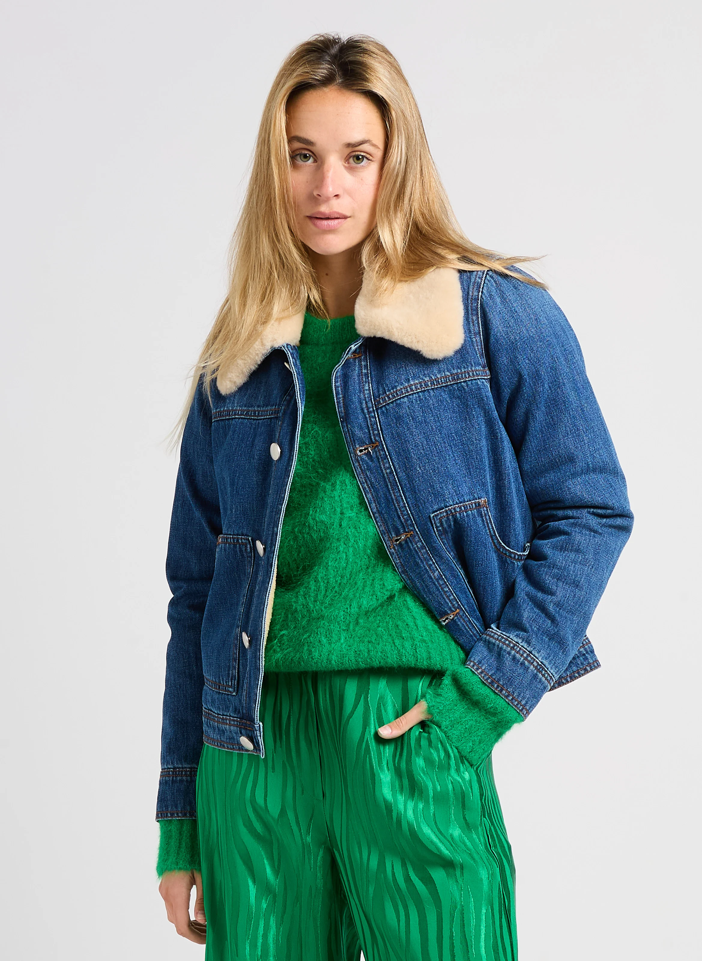 ELEONOR - Veste denim col un fourrure amovible en coton | Bleu