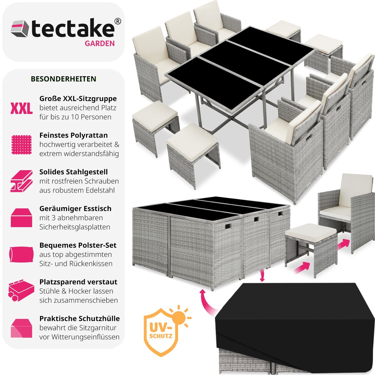 tectake Malaga rotan zitgroep voor 6 tot 10 personen, inklapbaar, inclusief beschermhoes