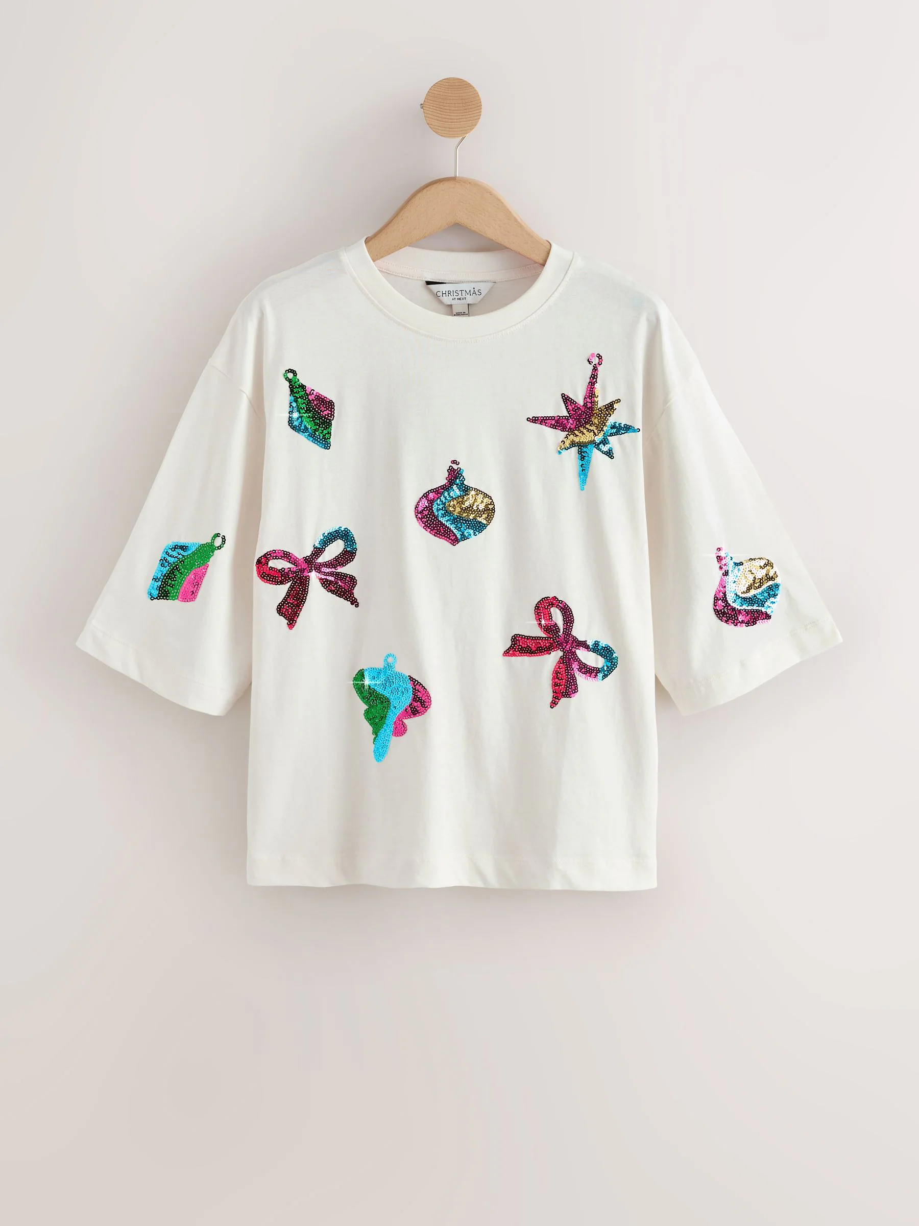 Ecru - Kerstmis T-shirt met feestelijke pailletten en Korte mouwen