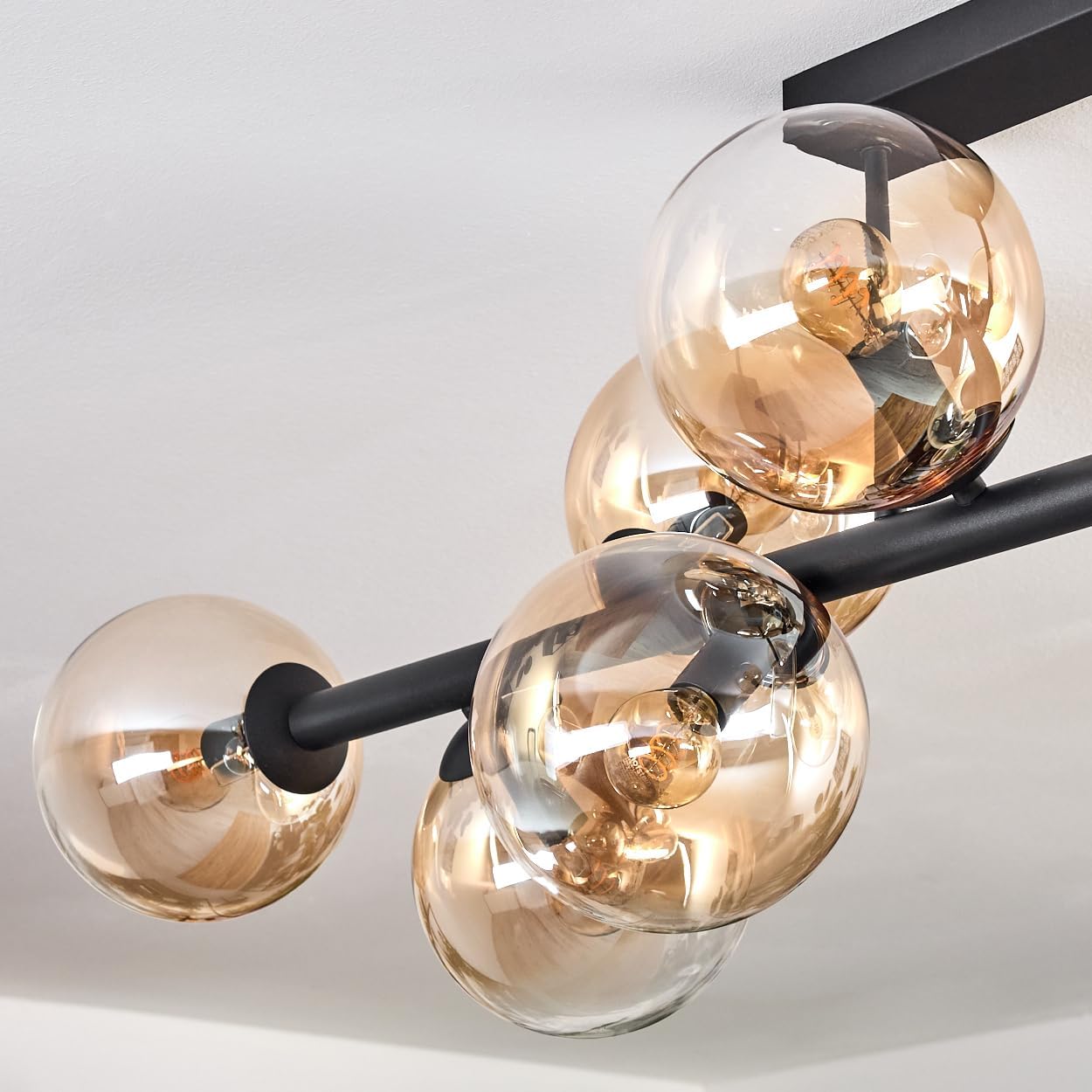 HOFSTEIN Deckenleuchte Gastor, 10-flammige Deckenlampe aus Metall/Glas in Schwarz/Bernstein/Klar, moderne Leuchte im Vintage-Design (Schirme Ø 15 cm), E14, Esszimmer, Wohnzimmer, Schlafzimmer, Küche