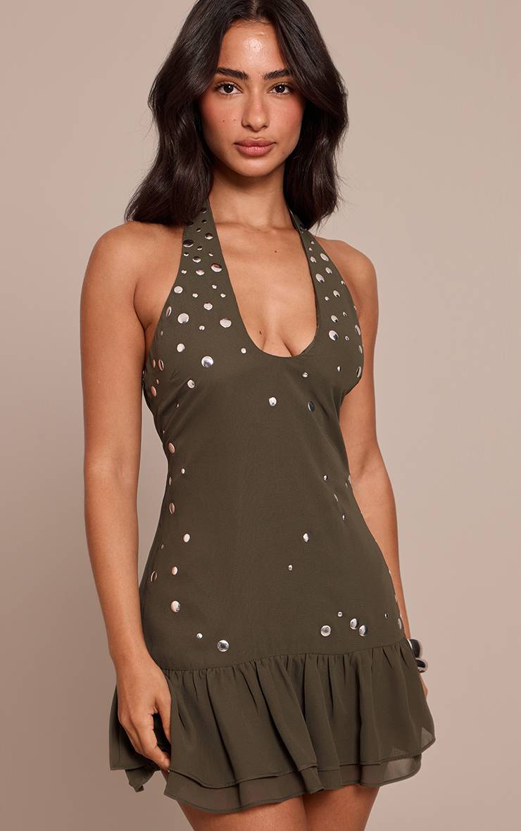 Kaki Robe Petite À Col Licou Avec Détails De Volants Et Clous