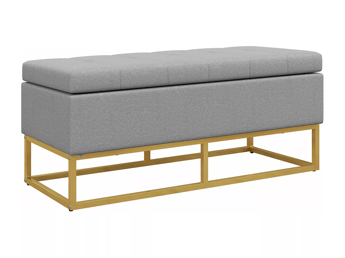 Banc banquette coffre de rangement 2 en 1 piètement acier doré assise capitonnée tissu gris