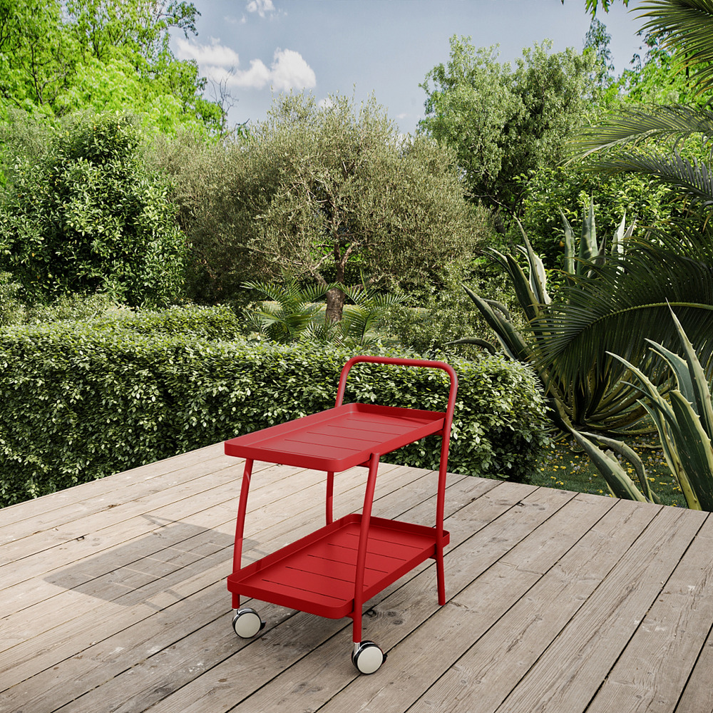 Desserte de jardin inari 2 niveaux en aluminium avec plateaux amovibles et 4 roulettes rouge piment - 80x50xh88cm