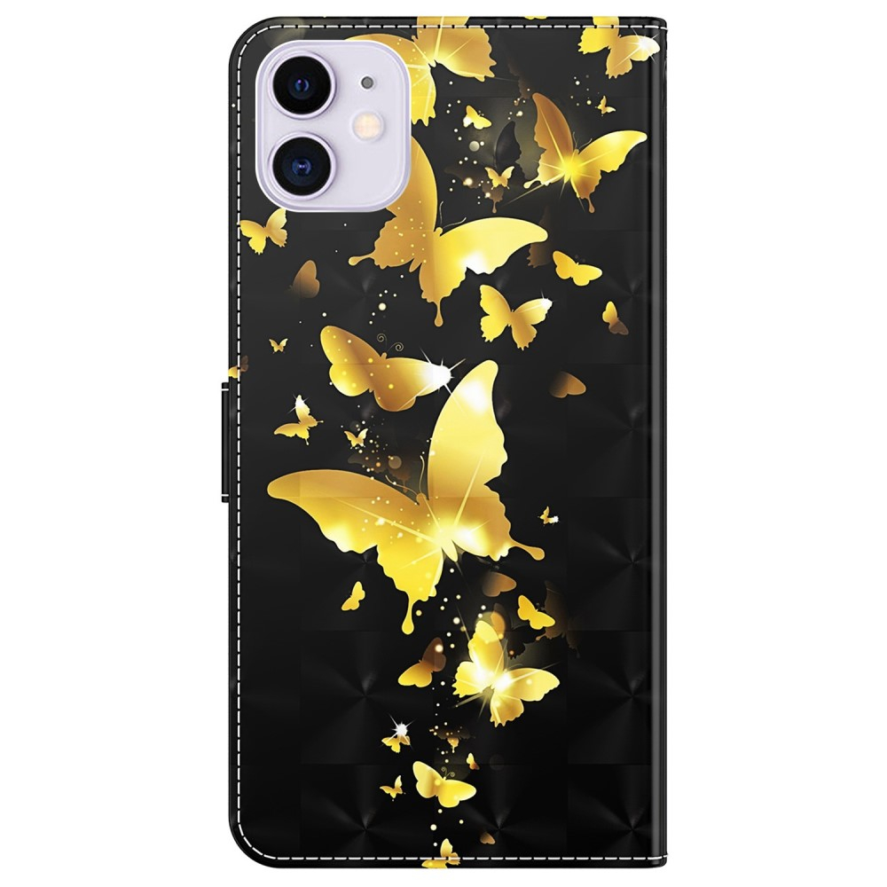 iPhone 14 Leder Tasche mit Kartenfach   Handschlaufe - Schmetterling (Schwarz / Gold)