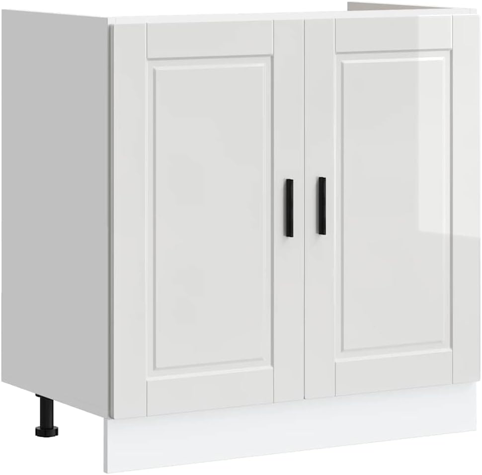 Waschbeckenunterschrank Porto weiß glänzend 80 x 46 x 81,5 cm Spanplatte mit Türen und verstellbaren Füßen, Küchenmöbel mit viel Stauraum, robustes Material