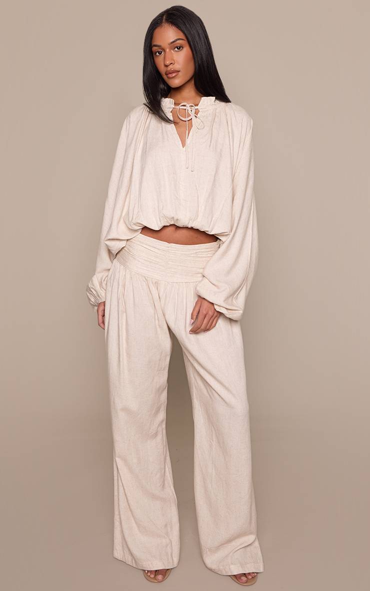 Beige Pantalon Taille Haute Froncée En Lin Pour Grandes Tailles - Ensemble Coordonné