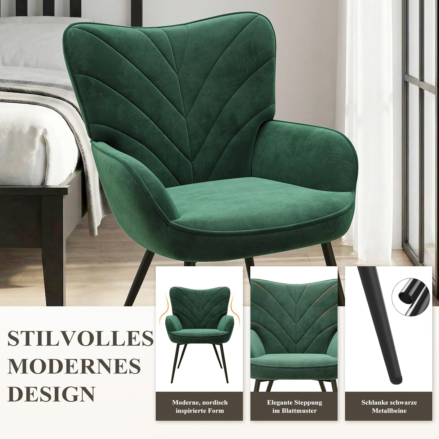 COLAMY Wohnzimmer Sessel 2er Set, Samtbezogener Relaxsessel mit hoher Rückenlehne, Gepolsterter Komfortsessel mit Wingback-Design, Lounge Chair mit Holzbeinen für Wohnzimmer, Leseecke, Grün