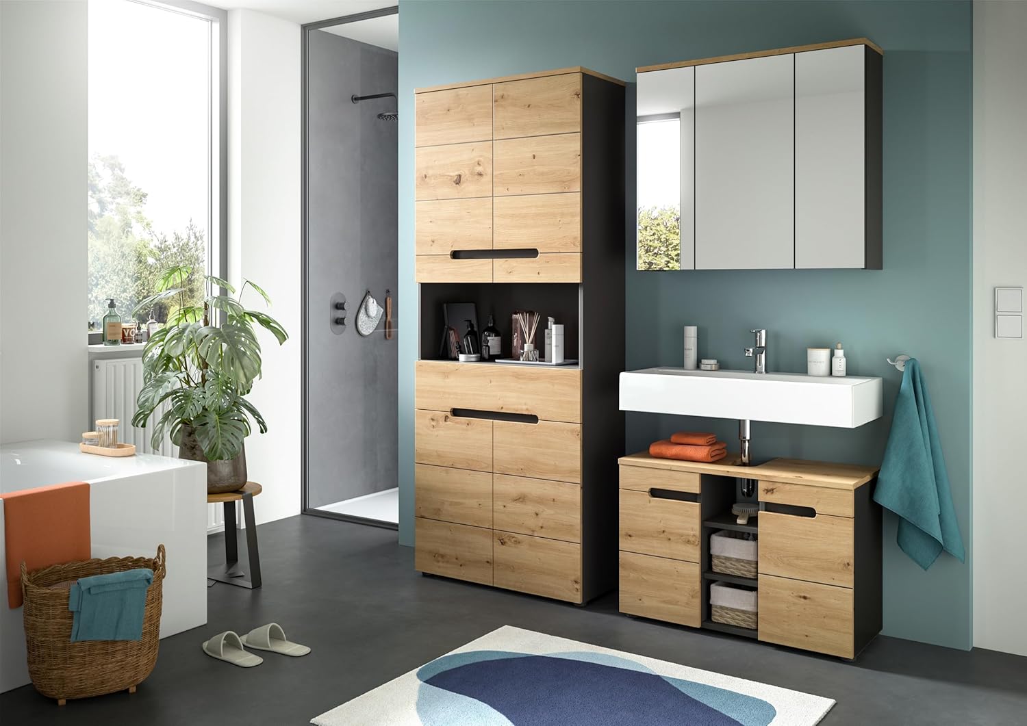 xonox.home Badezimmer Canu Spiegelschrank Badezimmerschrank Spiegel in Basalt grau Nb. /Artisan Eiche Nb., ca. 80x73x21 cm
