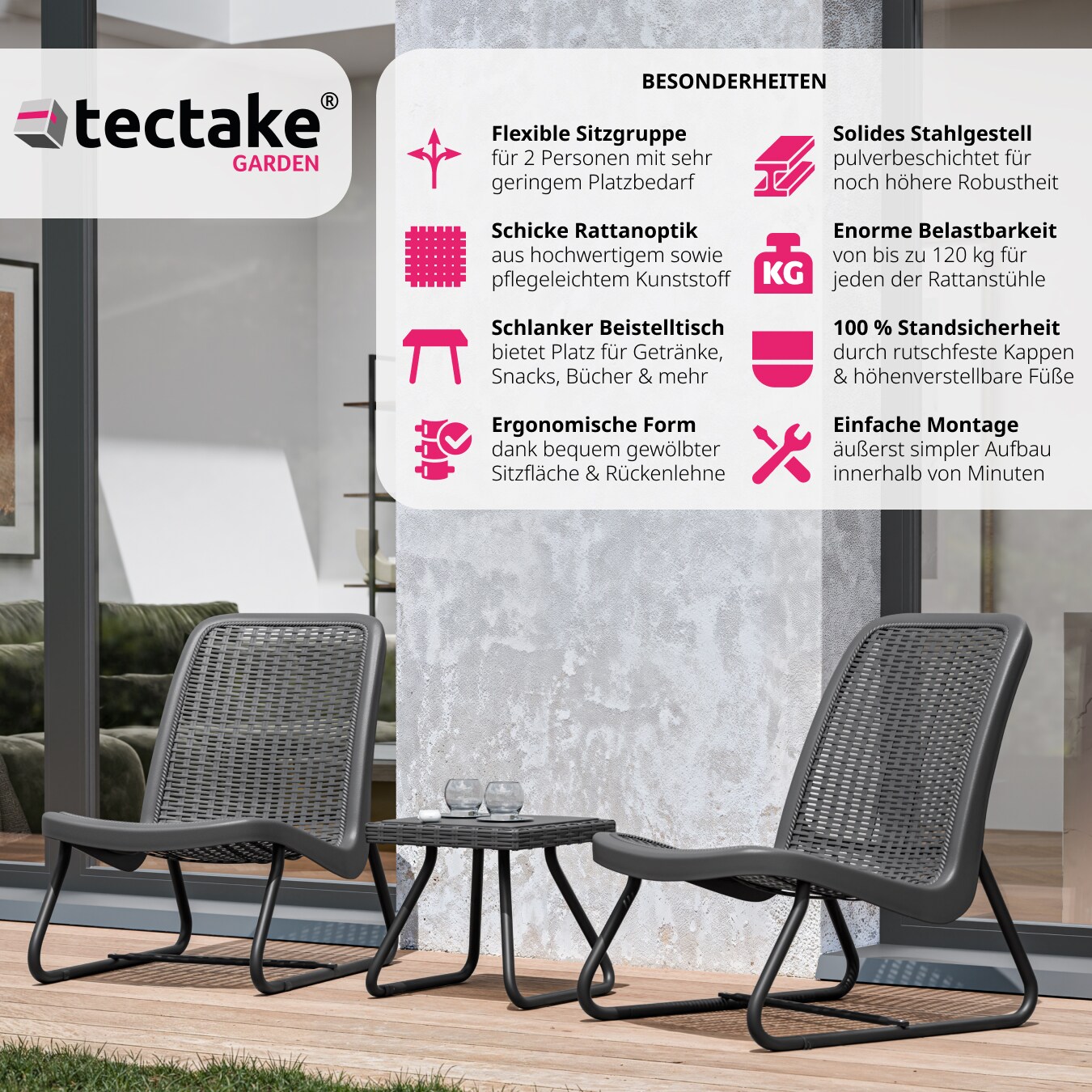 tectake® Sitzgruppe, für 2 Personen in Rattanoptik, UV-beständig, Belastbarkeit Stuhl 120 kg, Schraubfüße