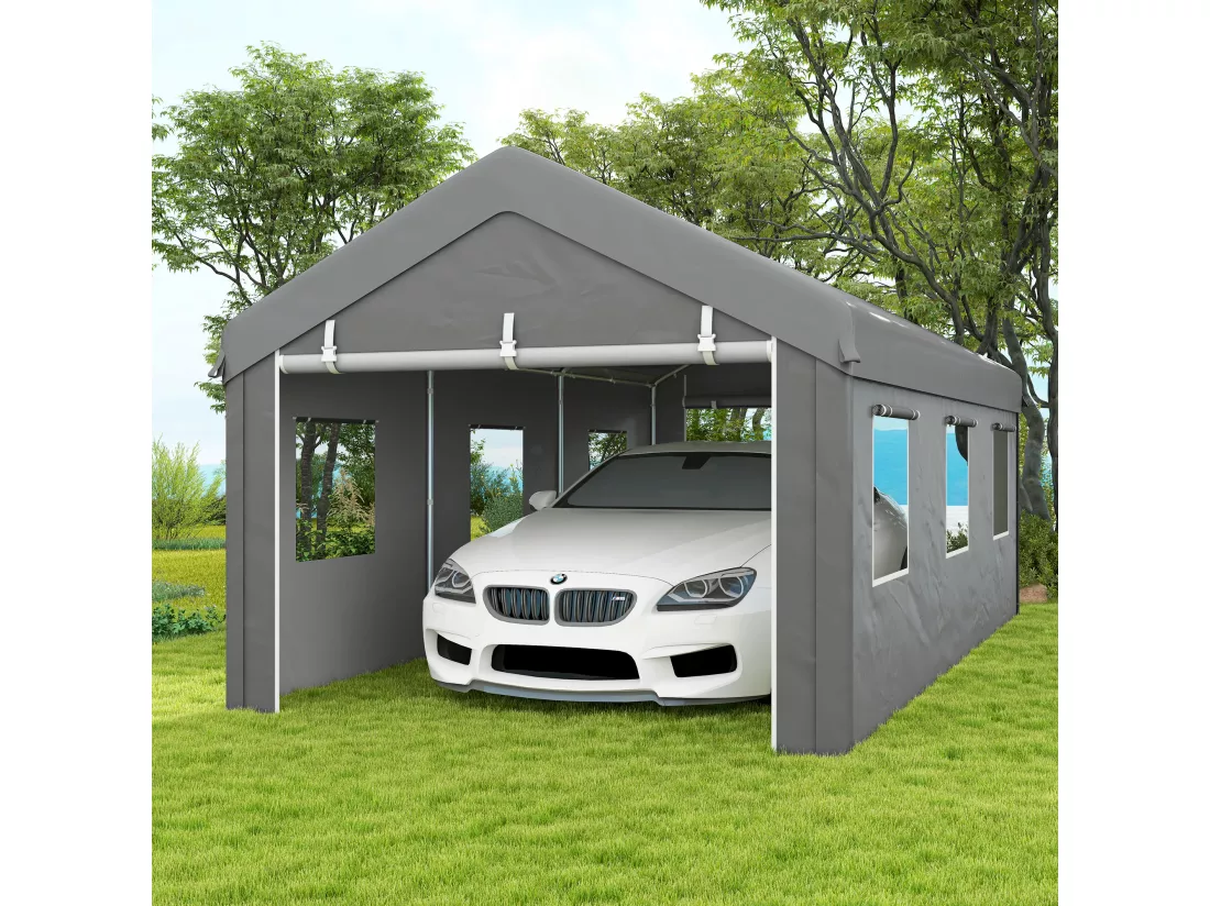 Tente garage carport dim. 6L x 2,95l x 2,78H m acier galvanisé PE haute densité 2 portes 6 fenêtres gris
