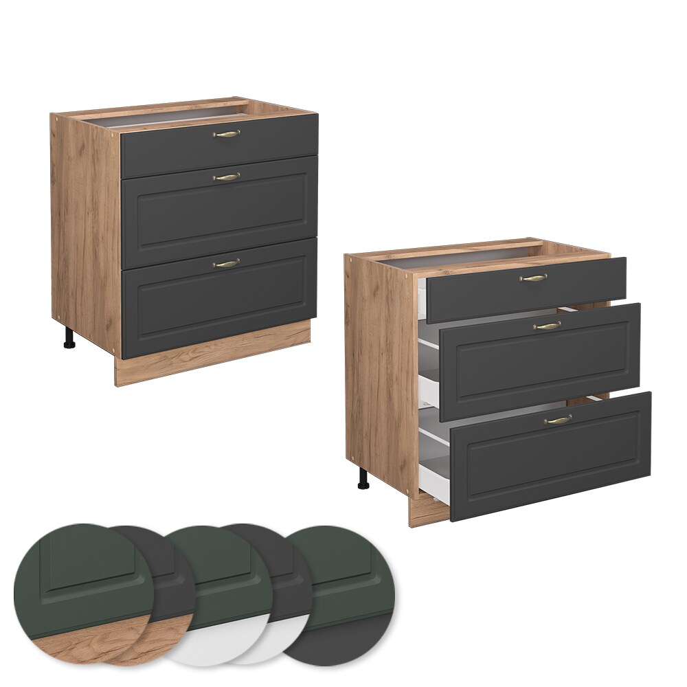 Vicco Schubladenunterschrank Küchenschrank Küchenmöbel Fame-Line Landhaus Eiche Anthrazit 80 cm Gold Küche Einbauküche Drehtür Blende Schublade Küchenunterschrank Küchenzeile