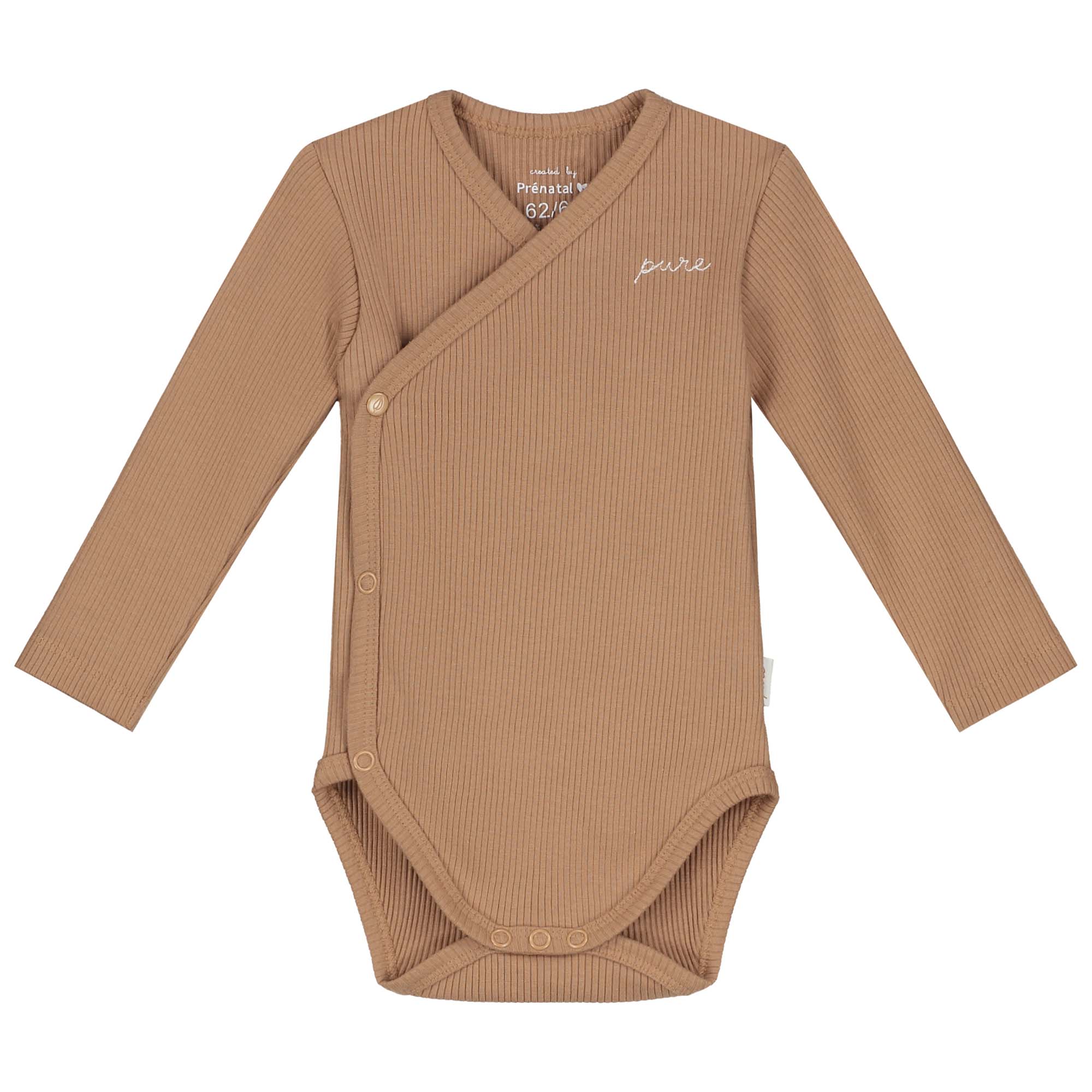 Prénatal newborn overslagromper rib Pure lange mouwen tekst bruin