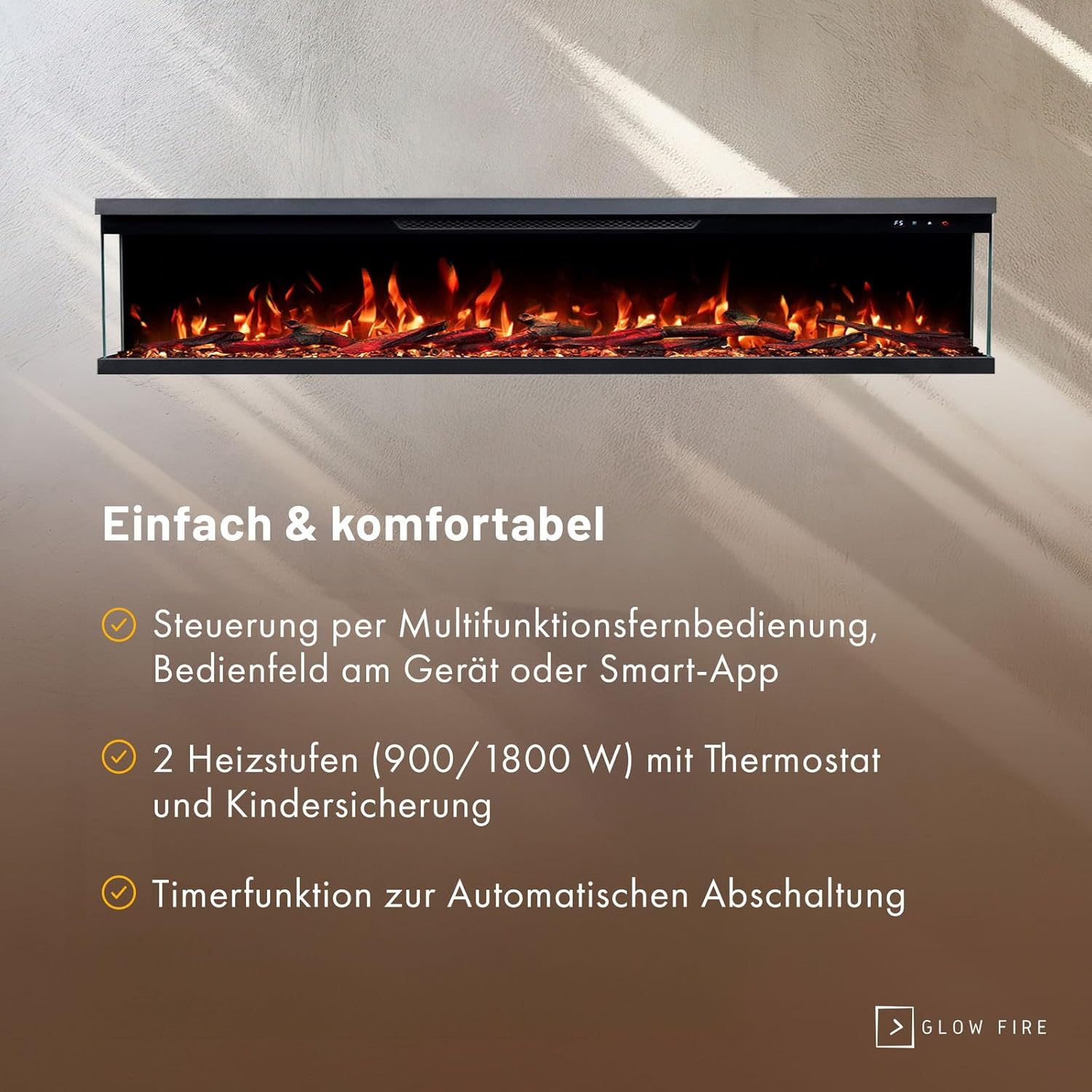 GLOW FIRE Elektrokamin Insert 182 mit realistischem 3D LED-Feuer - Wand-Elektrokamin mit Heizung und Kaminfeuer, App Steuerung, Knistereffekt & Timer, max. 1800 W, 183x35x19cm