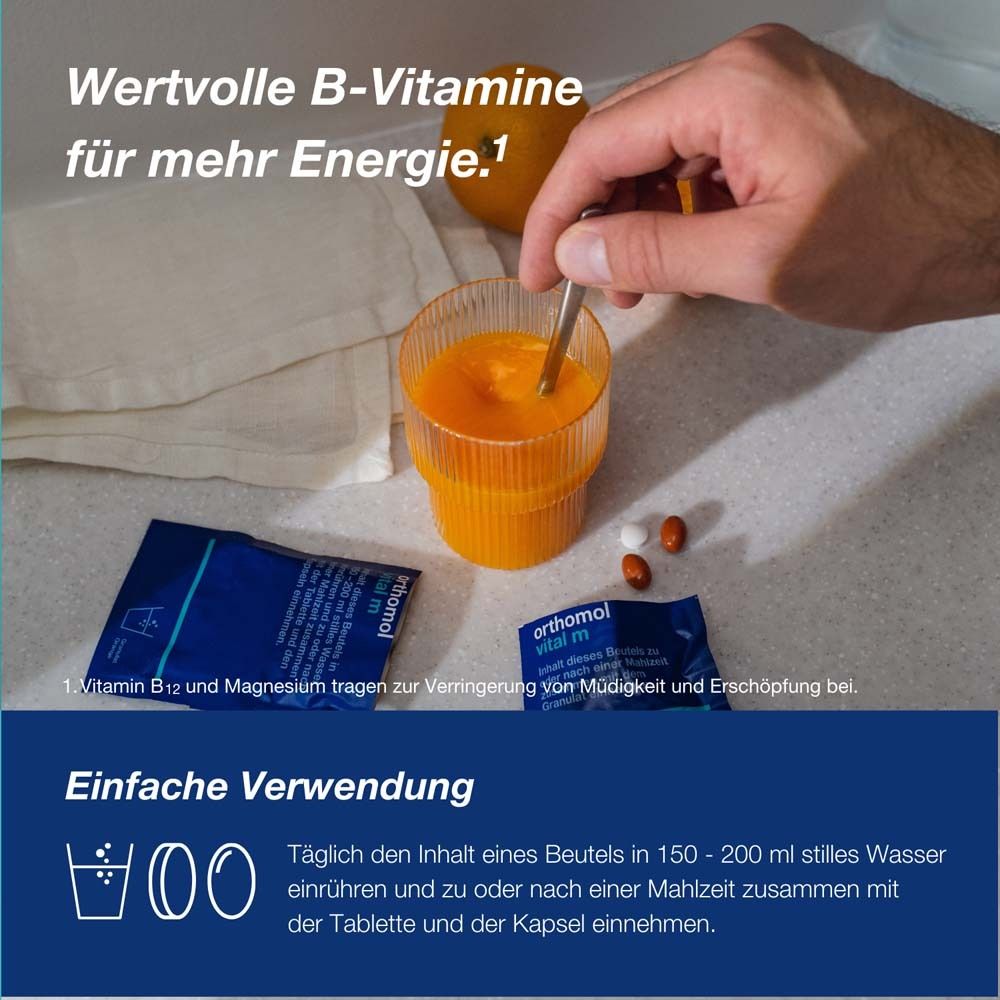 Orthomol Vital m für Männer - bei Müdigkeit - mit B-Vitaminen und Omega-3 - Granulat/Tabletten/Kapseln - Orangen-Geschmack