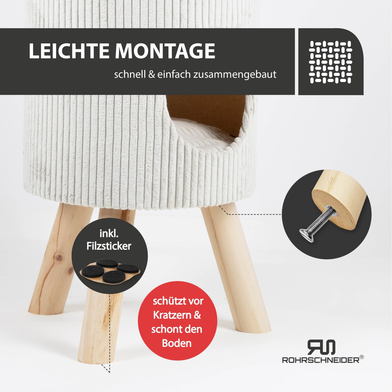 Rohrschneider ® Tierhöhle Cord mit Holz-Füße inkl. Gratis-Spielkugel 2er-Set beige