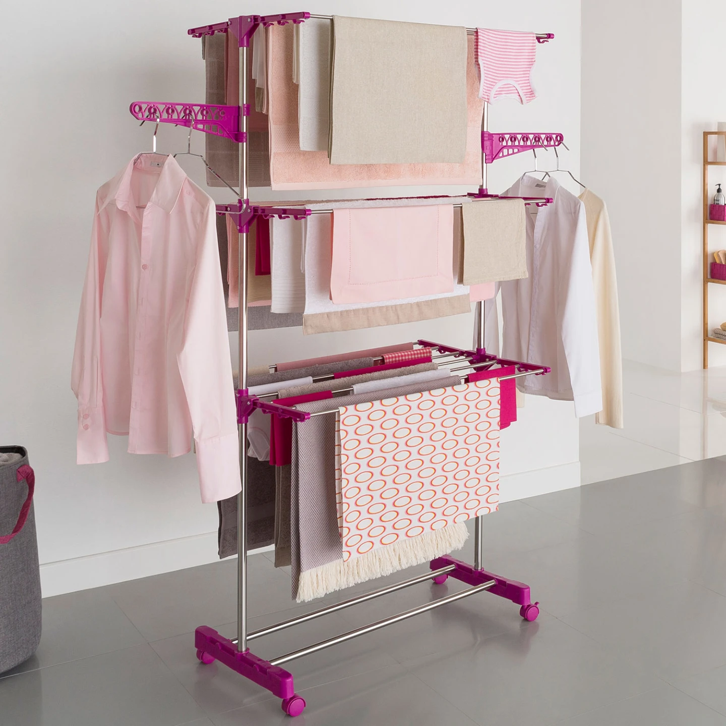 Séchoir à linge vertical pliable 3 niveaux MAXIMA capacité 20M inox et rose