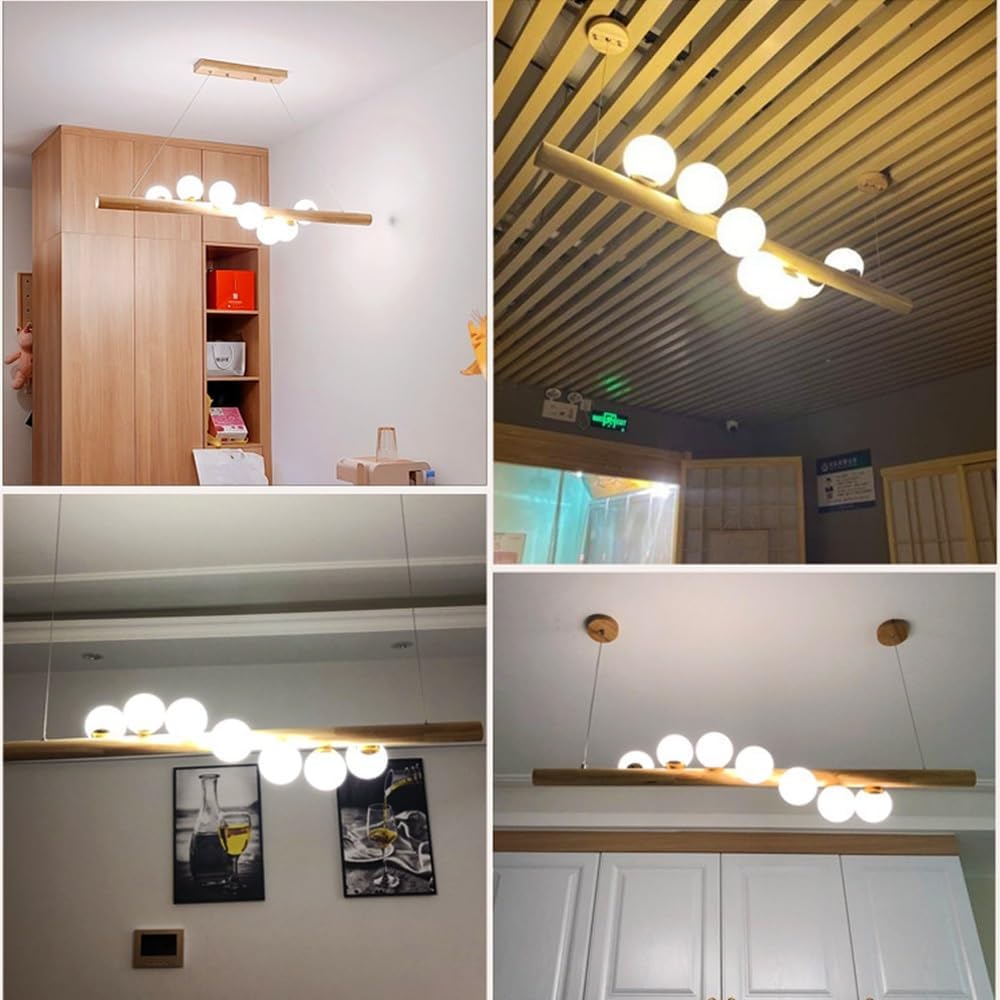 Vintage Holz Pendelleuchte Esstisch 7-Lampen Hängeleuchte Glas Lampenschirm Modern Hängelampe Retro Kronleuchter G9 Glühbirne Höhenverstellbare Pendellampe Küche Schlafzimmer Wohnzimmer Beleuchtung