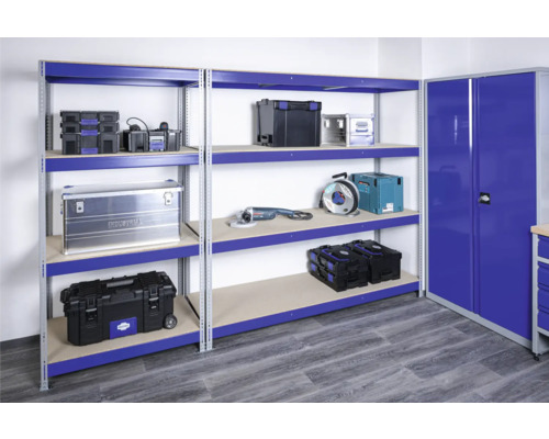 Robuuste industriële stellingkast, blauw/grijs gepoedercoat, 196x100x60 cm, 4 gedeelde houten legborden met metalen steunen en verstelbare metalen voeten, draagvermogen 1000 kg