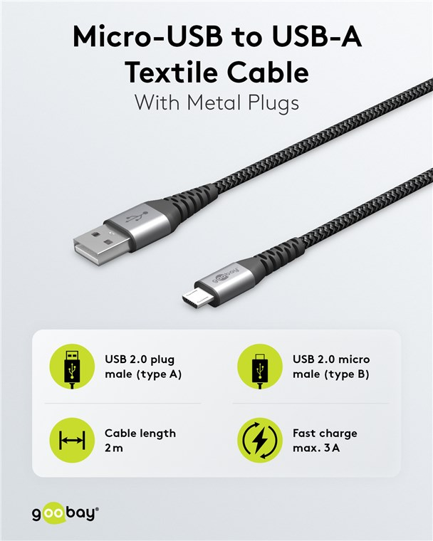 (2m) 60W USB A auf Micro USB Ladekabel Nylon Textil Datenkabel (49283) - Spacegrau / Silber
