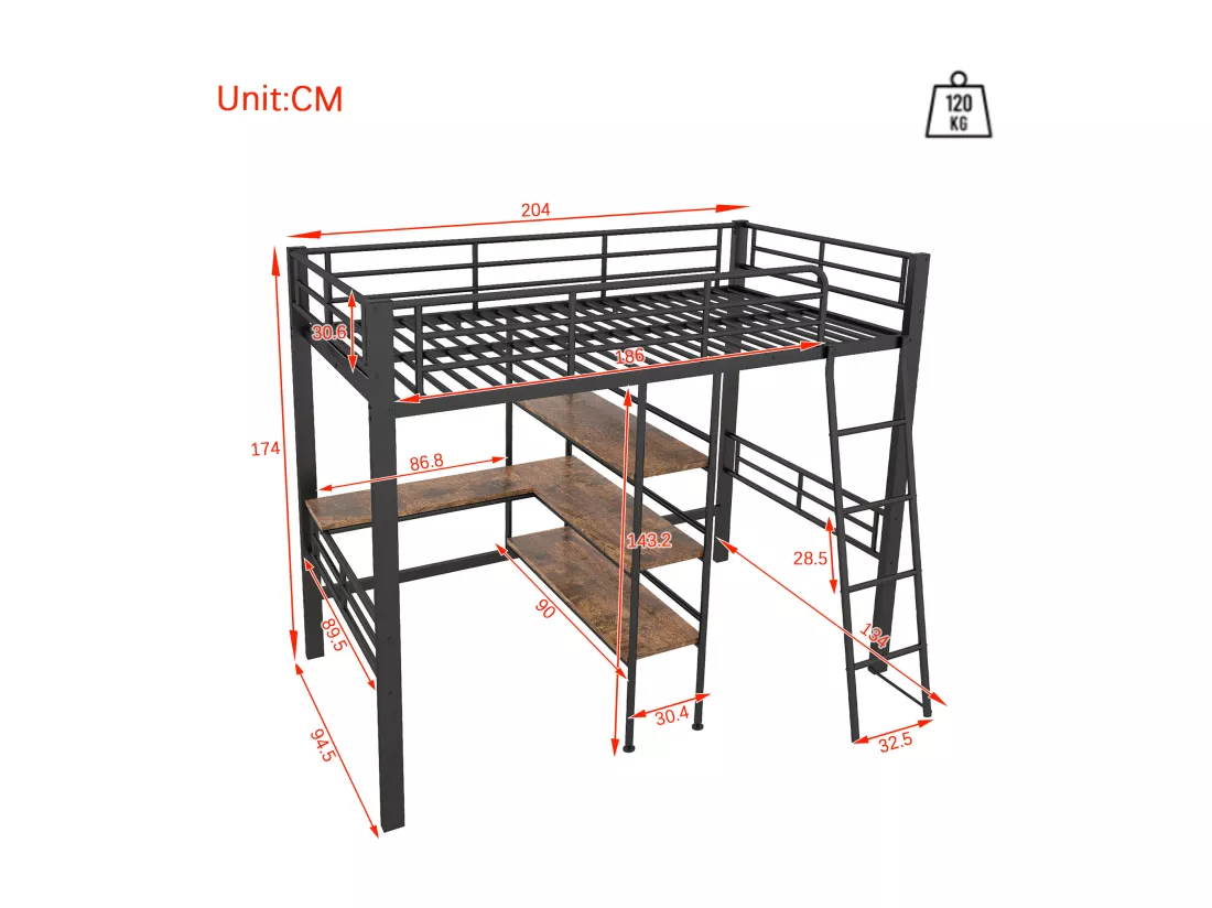 Lit mezzanine 90x200cm - avec bureau et étagères de rangement - Noir