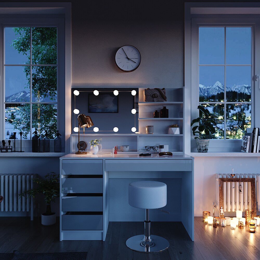 Vicco Schminktisch Sherry Weiß Hochglanz 120 x 75 cm Spiegelregal LED & Hocker