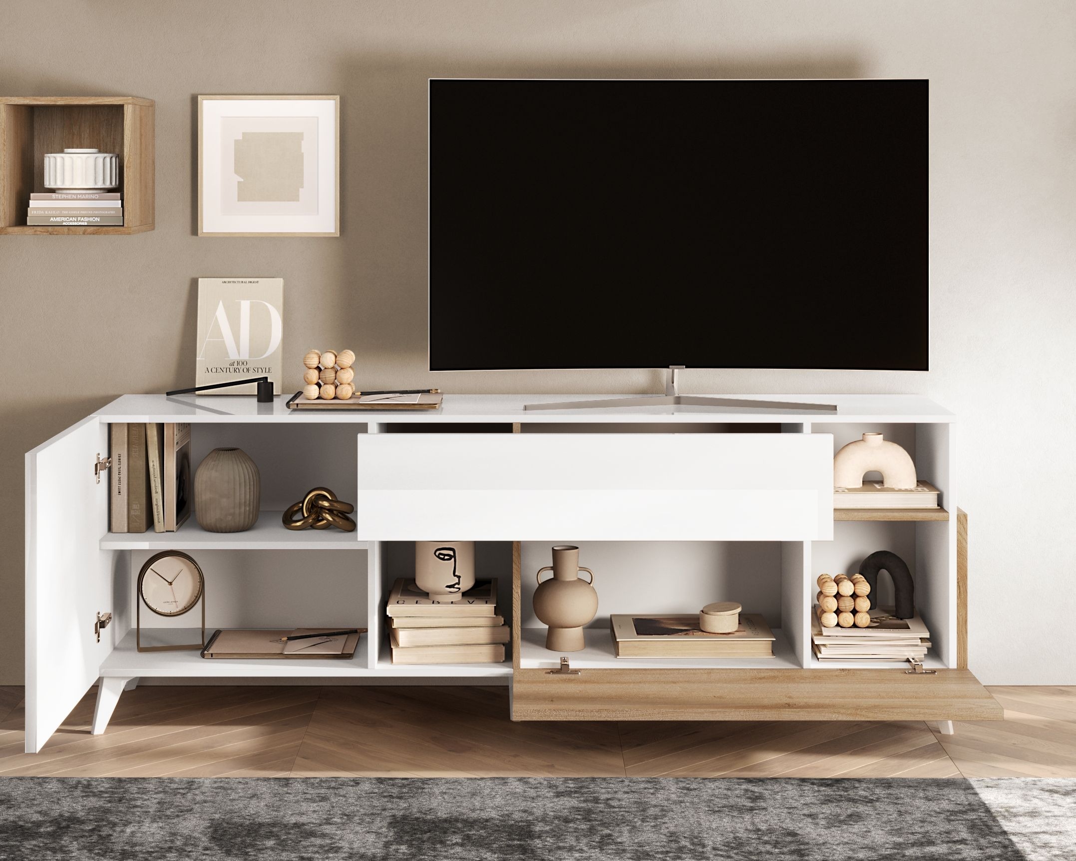 INOSIGN Lowboard »Monaco in Breite 181 cm, TV-Schrank mit Tür, Klappe und Schubkasten« Mediaboard – sanftes Schliessen, edles Design, Platz für alles