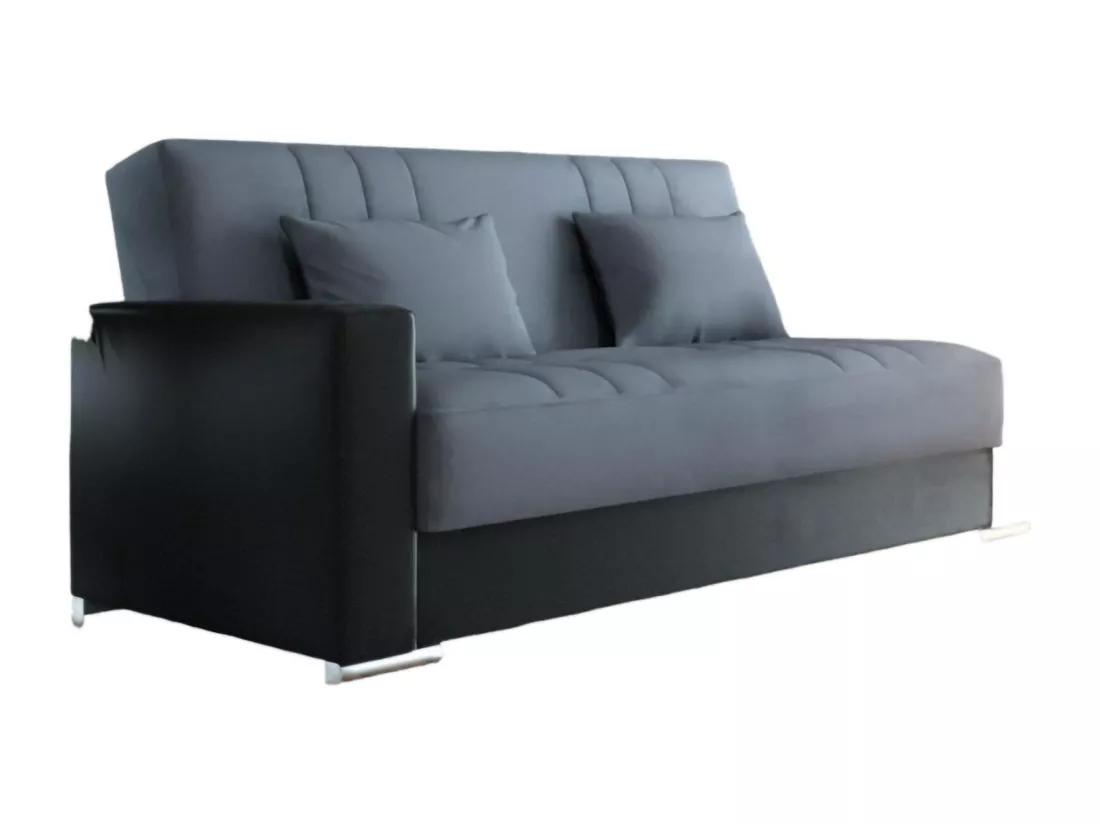 Canapé Sergio, Canapé conteneur 3 places en éco-cuir et tissu, Canapé de salon avec ouverture clic-clac et 2 coussins inclus, 230x96h101 cm, Noir et Gris