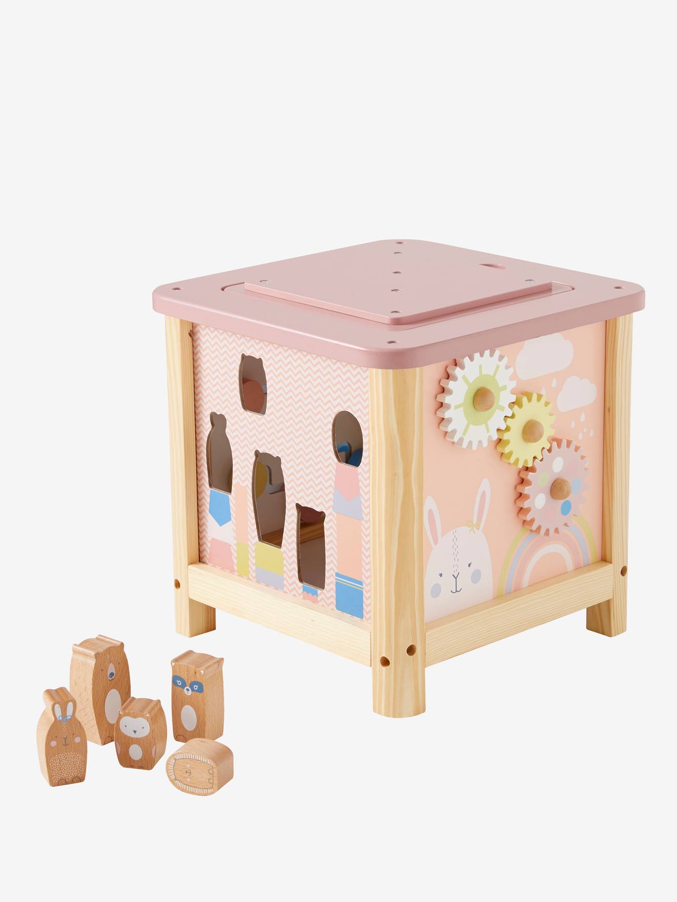 Cubo de atividades grande, feito de madeira com certificação FSC®. Rosa