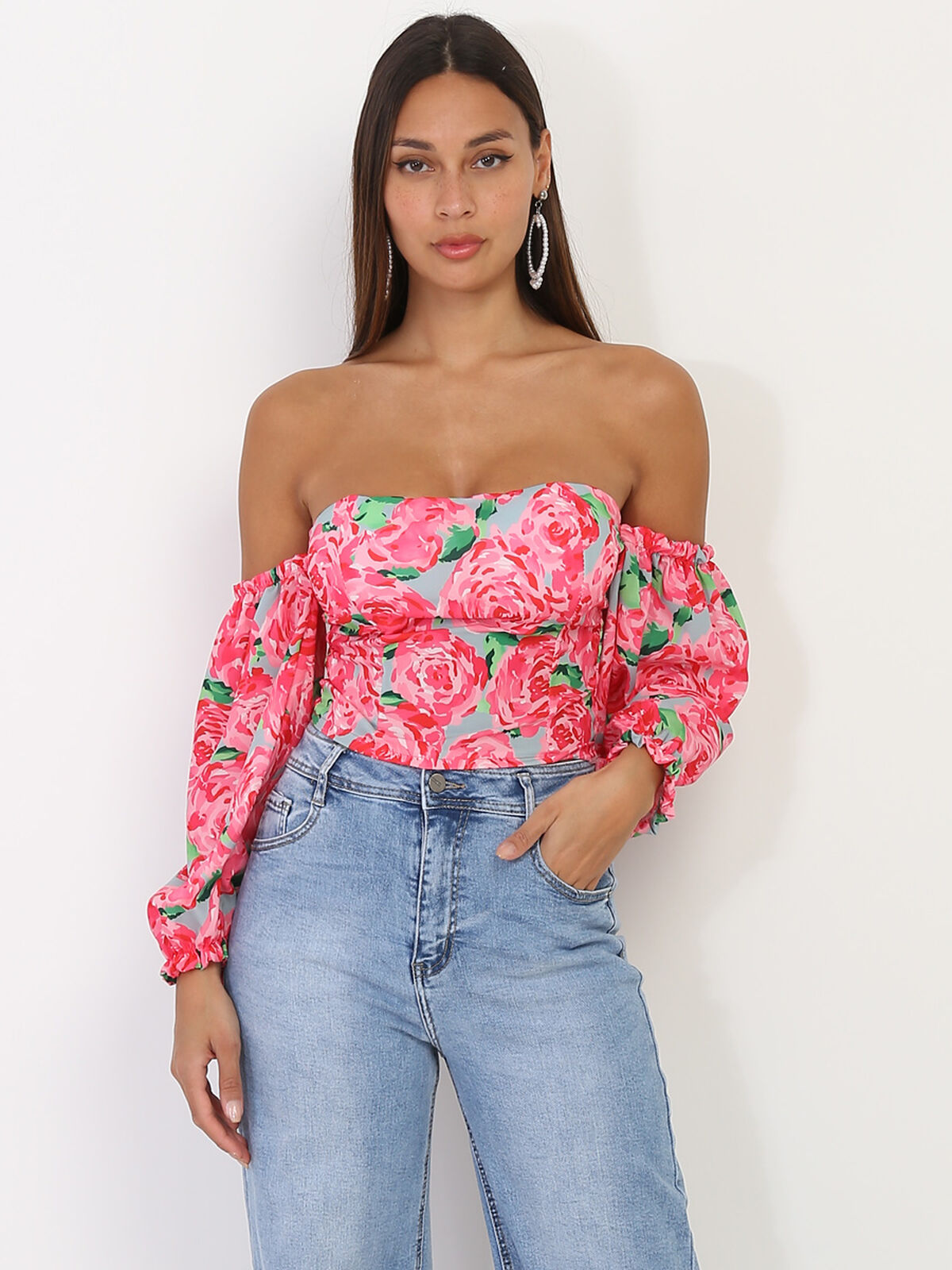 Crop top bustier à motifs- Rose
