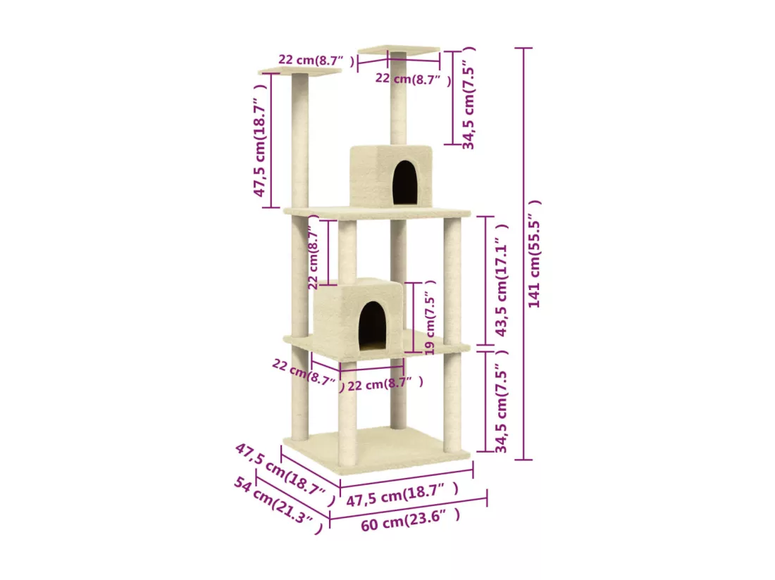 Arbre à chat avec griffoirs en sisal Crème 141 cm