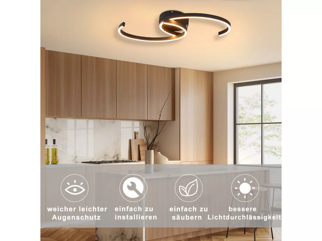 NETTLIFE Plafonnier LED Moderne 60 cm Noir 24 W Blanc Chaud Lampe de Salon pour Chambre Cuisine Couloir Salle à Manger