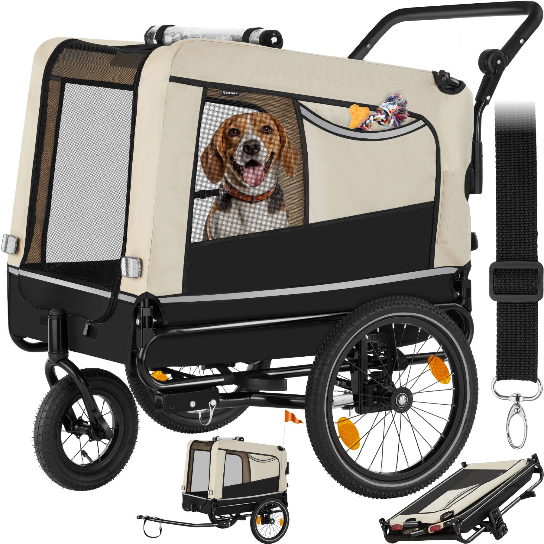 tectake® Hundeanhänger, 3in1 multifunktional, gefedert, Belastbarkeit 40 kg, 240 Liter, inklusive Reflektoren, Leine und Warnfahne