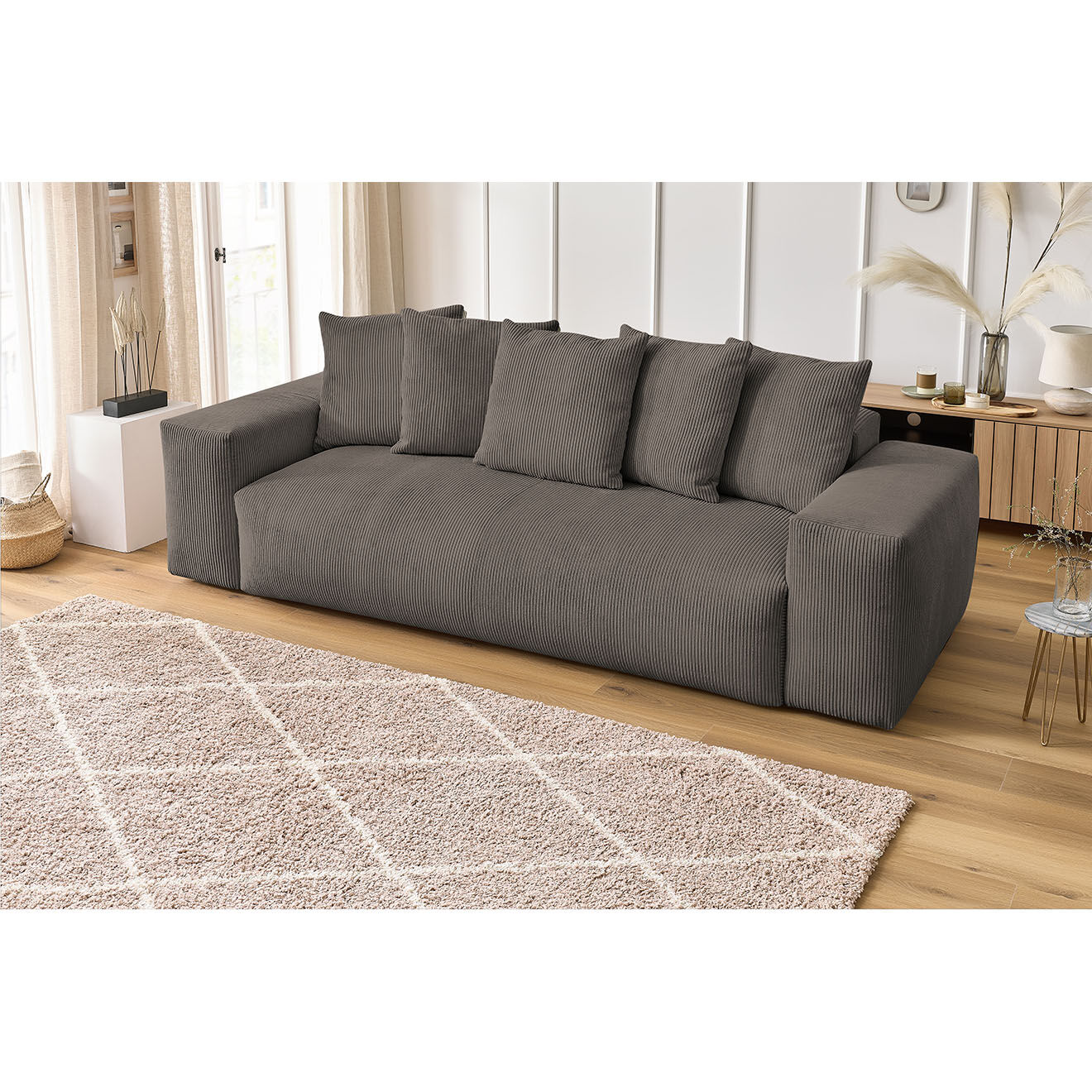Bobochic Canapé droit fixe 3 places ultra moelleux voltaire velours côtelé taupe - 280x124x75 cm