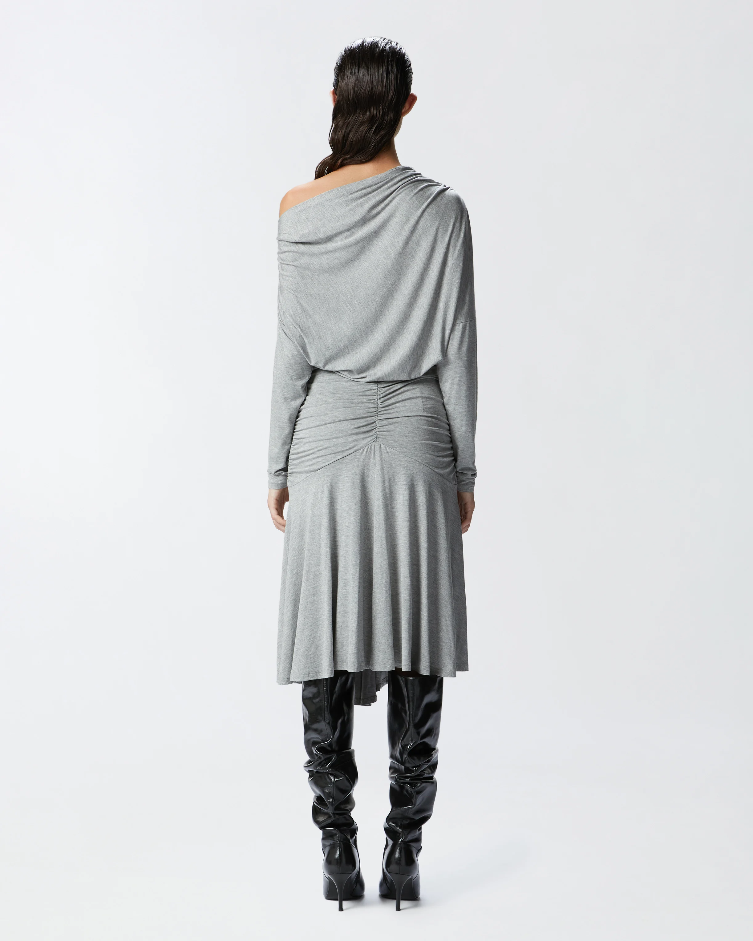 Robe midi drapée à épaule nue | Gris