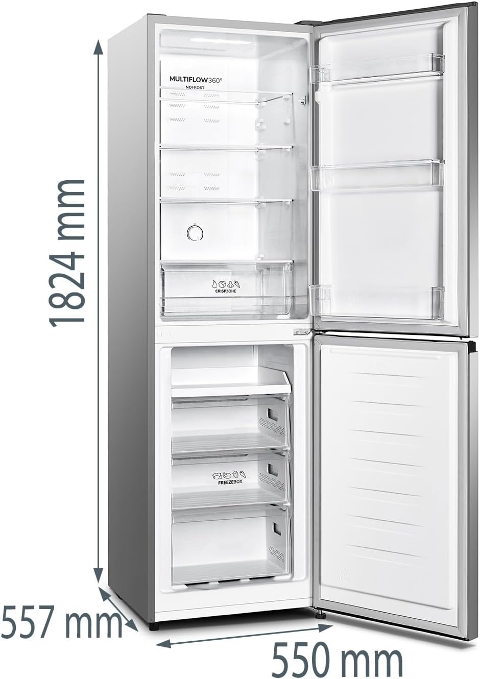 Gorenje NRK418DCS4, Kühl-Gefrier-Kombination 182cm Höhe, 55cm Breite, 256L(171L/85L), Total NoFrost, Multiflow 360°, wechselbarer Türanschlag, CrispZone, Eco Use, Inox Look [Energieklasse D]