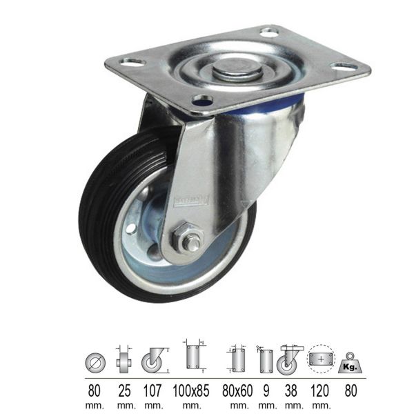 WOLFPACK Rueda Industrial Goma Negra Placa 80 mm. Af 11110300