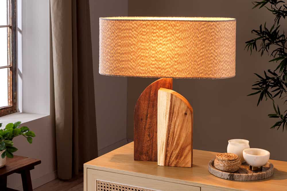 Massive Tischlampe LOVERS 60cm natur Regenbaumholz weißer Stoffschirm