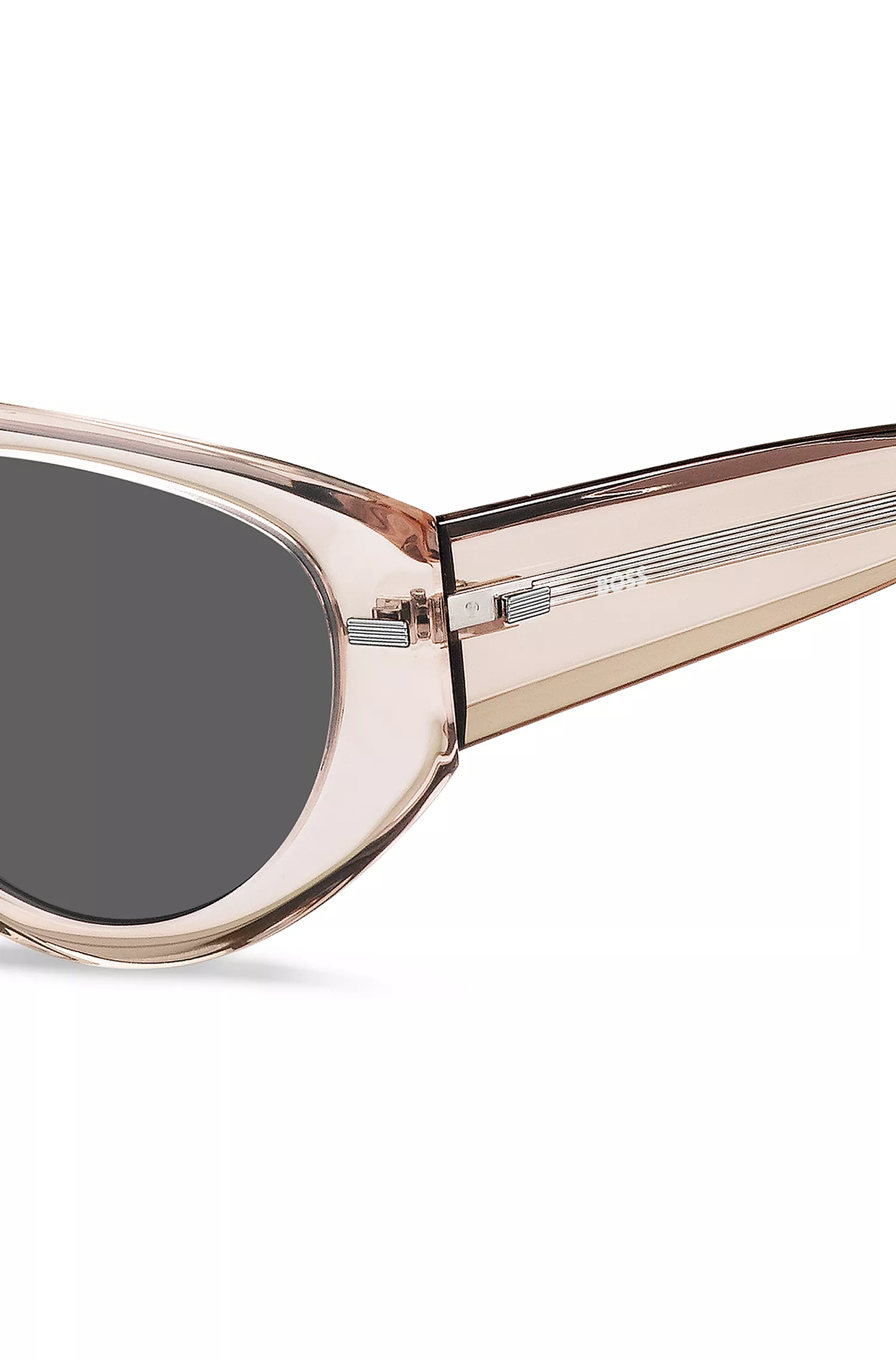 Óculos de sol BOSS em bioacetato preto e rosa translúcido com rebites estampados.