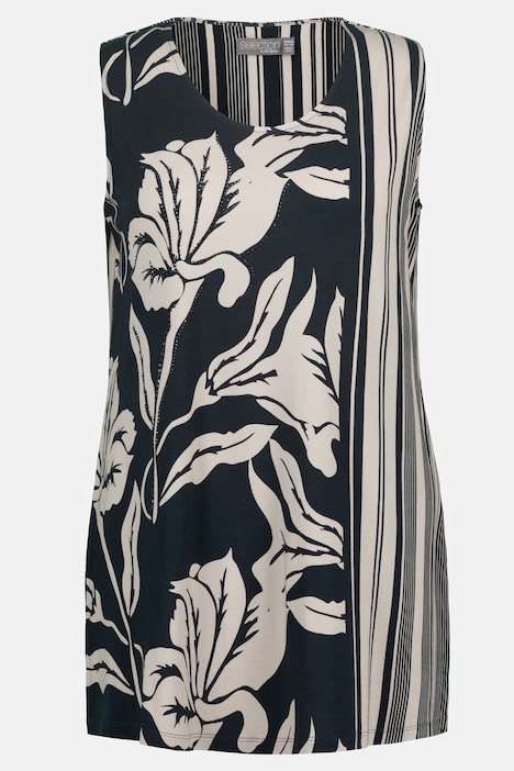 Longtop, Blüten-Design, Streifen, Rundhals, ärmellos